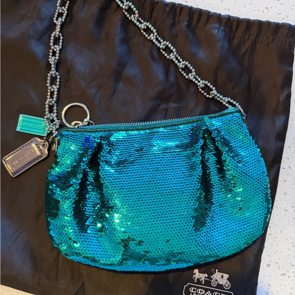 💙💚🩵 VINTAGE COACH RARE SEQUIN POPPY BAG 🩵💚💙 - Picture 2 of 10
